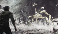 Concept art of Effigy charging at Sebastian, accompanied by several Albedo