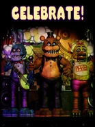 Bonnie, Freddy Fazbear, and Chica featured in a poster with the caption "CELEBRATE!".