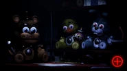 From left to right: Freddy Fazbear, Chica, and Bonnie plushies.