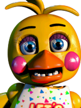 Swap!chica: a yellow chicken fnaf animatronic with a fancy dressed-up 80s  vibe with magenta eyes, a black bowler hat, an orange beak, a simple  attractive pink dress, and a microphone in her