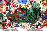 The characters from I Spy that were found in Food Orb 10, circled red.