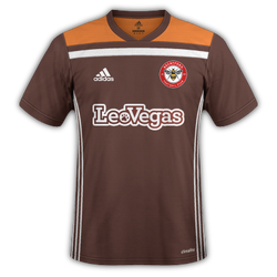 Brentford Home football shirt 2017 - 2018. Sponsored by LeoVegas