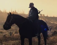 A Guardian on horseback stationed at the Colonies wearing a gas mask.