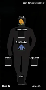 Clothing on Character Outline with body temperature and modifiers displayed