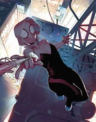 Spider-Gwen uses her web-shooter on the cover of Spider-Gwen, Ghost-Spider #5 (April 2019). Art by Bengal Amari.