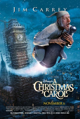 A man in a night gown and hat, flying through the sky. In the background is a clocktower covered in scaffolding.