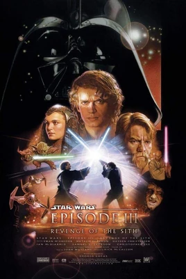 Below a dark metal mask, a young man with long hair is front and center, with a woman at his left and a bearded man at his right. Two warriers hold lightsabers on either side, and below them in the middle, two men clash in a lightsaber duel. Starfighters fly towards us on the lower left, and a sinister hooded man sneers at the lower right.