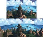 A panoramic production still from the film depicting two distant figures standing atop an Atlantean building tower while overlooking a city and a vast lake of water with clouds in the background.