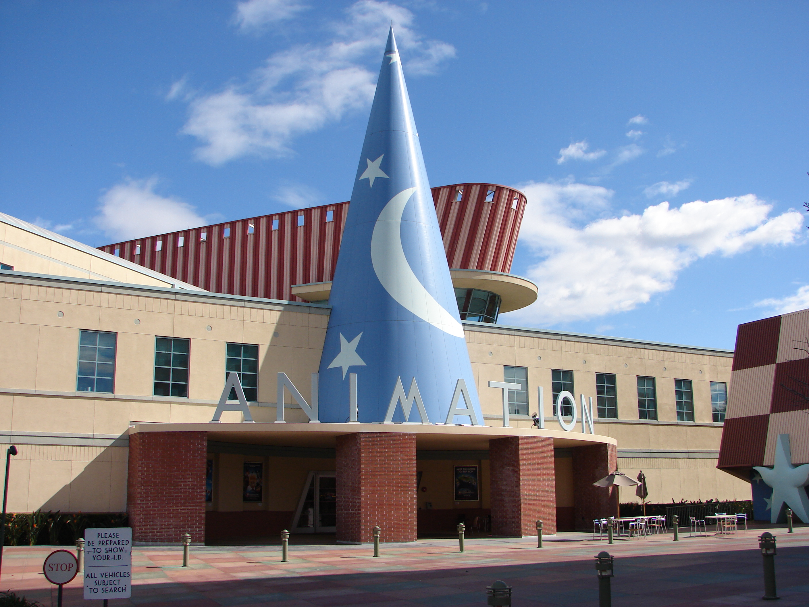 Scenic view of the Roy E. Disney Animation Building showing its distinctive sorcerer's hat replica