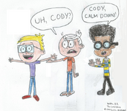 Cody rotating his arms and Clyde and Lincoln try to calm him down.