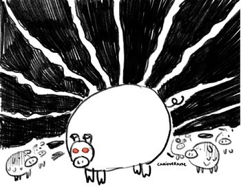 Drawing of a massive and sinister looking pig with red eyes that is surrounded by several smaller pigs nervously looking at it.