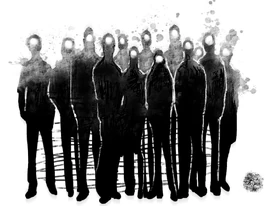 A crowd of people silhouetted in black with white holes where their faces would be.