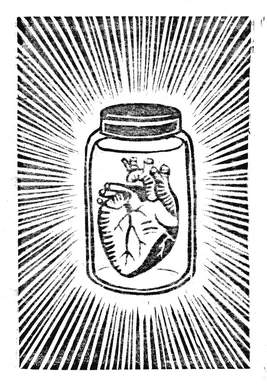 A glowing glass jar containing a human heart.