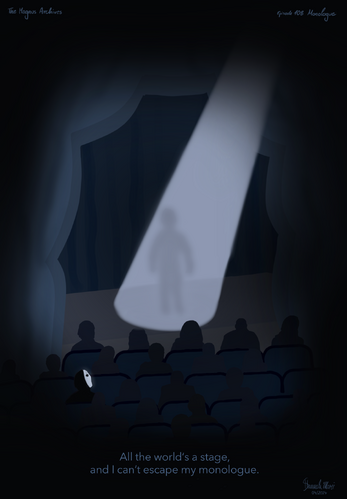 A lone person is illuminated by a spotlight on the stage of a theatre. In the audience, one person is wearing a white mask.
