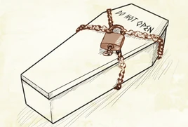 A coffin with Do Not Open written on the lid. It is wrapped in chains that are secured with a padlock.