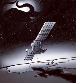 Drawing of a satellite above the earth. In the background, the sun is partially obscured by dark tendrils.