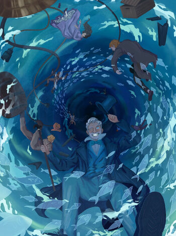 Image of Peter Lucas wearing a blue suit, as well as 3 other people dressed in historical clothing and broken pieces of a ship, falling backwards into a swirling blue sea and surrounded by fish
