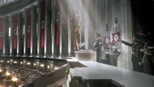 Heinrich Himmler addresses the gathered crowds from the podium