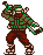 Ninja in a green winter coat with a hockey stick.