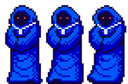 The Shopkeeper's 8-bit windy spritesheet when she's waiting at the top of Glacial Peak and before the Arcane Golem boss fight.