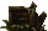 The wooden crate that the severed hand and hunter's axe lean against.