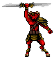 Sprite of Barma'thazël holding his sword arm into the air.