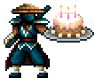 Ninja holding a birthday cake to celebrate speedrunner, KuningasEST's birthday.