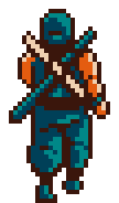 Sprite em 8-bit que não foi usado do Ninja de costas, nomeado "playerKoalaPlaceholder".