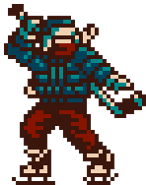 Ninja in a blue winter coat with a hockey stick.