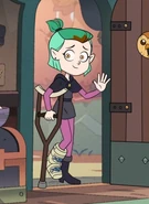 Amity wearing a cast, with a few Healing glyphs, and holding a crutch in "Wing It Like Witches".