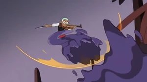 Raine usa su violín para lanzar una onda de choque, interrumpiendo la forma de abominación de Darius.