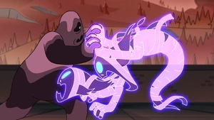 A spirit emerging from another spirit's mouth.