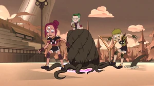 Amity launching herself using the Thorn Vault spell.