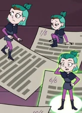 Amity con cabello verde y pupilas perdidas.