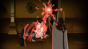 Emperor Belos uses his staff to cast artificial magic.