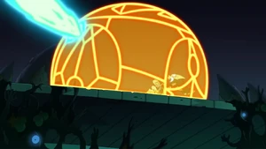 King projecting a spherical barrier, inscribed with his own glyphs, in order to protect the Collector.