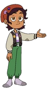 Luz's outfit with purple white striped shirt, green pants, and gray socks in "Thanks to Them".