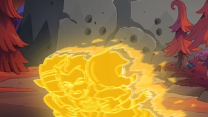 Hunter using teleportation skill to bring Willow and Gus to safety.