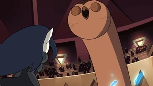 Eda creating an earth pillar resembling Hooty with construction magic.