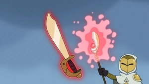 Hunter creating a knife out of thin air using powers from his artificial staff.
