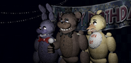 Bonnie on the Show Stage, along with Freddy and Chica.
