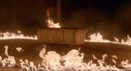 The sarcophagus surrounded by flames
