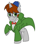 A secondary outfit, featuring green coat with red bowtie.