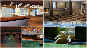 Clockwise from top left; the Penthouse, Deluxe Guest Room, Atrium, Asian Emporium and Sax Lounge.