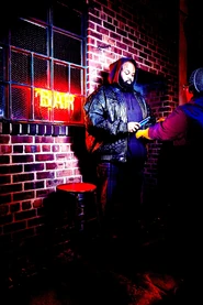 “Forget about checking ID. We’re checking for worms. There’s a rumor going around that they’ve flushed all the vamps out of Red Hook, but do you trust them? This bar is for the living. Those goddamn stingers already have enough to drink.“