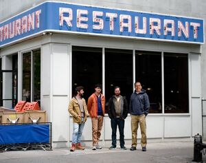 Nick, Ezra, Jake, and Seinfeld2000 in front of Tom's Restaurant