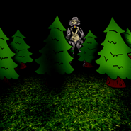 A view of the forest during Sha's Hide and Seek minigame. Sha's animatronic form can be seen between the trees.