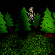 A view of the forest during Sha's hide and seek minigame. Sha's animatronic form can be seen between the trees.