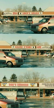 A visual showcase of the original photo of Uber's Drugs that was edited into the original appearance for the exterior of Bon's Burgers.