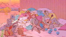 Wandering Inn by Ccyan. From Left to Right; Bird, Mrsha, Lyonette, Apista, Erin and Numbtongue
